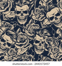 Barber industry pattern seamless monochrome skulls with fashionable hairstyle and flowers for interior design of hipster hairdressing salon vector illustration