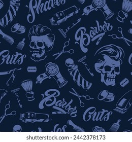 Barber industry seamless pattern monochrome with dead men heads and hair dryers near manual and electric razors vector illustration