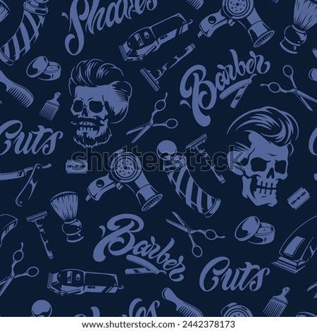 Barber industry seamless pattern monochrome with dead men heads and hair dryers near manual and electric razors vector illustration
