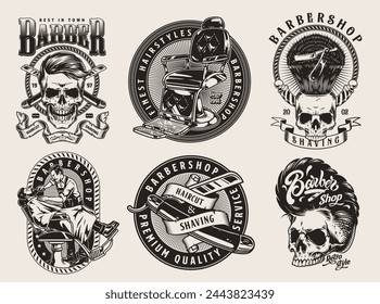 Conjunto de emblemas de la industria de la peluquería monocromo con peluquería masculina que corta la barba del cliente y los cráneos cerca de la silla de la barbería ilustración vectorial