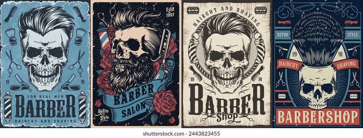 Conjunto de la industria de la peluquería pegatinas coloridas calaveras con peinados brutales o barba hipster para decorar la ventana de la peluquería ilustración vectorial