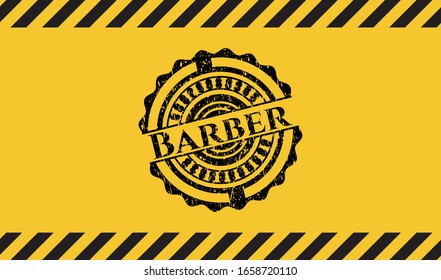 Barber inside warning sign, black grunge emblem. Vector Illustration. Detailed.