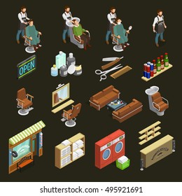 Barber isometric icons set with equipment and cosmetics symbols on dark green background isolated vector illustration 