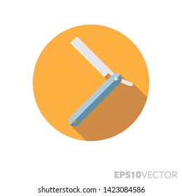 Icono redondo de diseño plano con cuchillo de barbero. Símbolo de color de afeitar y afeitar. Ilustración vectorial de sombra larga en un círculo aislado sobre fondo blanco.