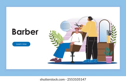 Página de aterrizaje de Barber. Peluquero cortando el pelo de los clientes. Belleza y moda. Corte de pelo con estilo. Visitante en barbería. Estética y elegancia. Ilustración vectorial plana aislada sobre fondo azul