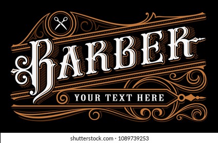 Barber lettering design. Vintage logo of barbershop on dark background. All objects are on the separate group.