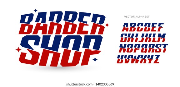 Barber letters set.  Blue and red color italic style vector latin alphabet. Cut in half Font for tattoo salon, barbershop, usa independence event, circus promo. Typography design. 