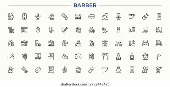 Barber colección de iconos lineales. Movimiento de Vector editable minimalista. Incluye símbolos para barbería, salón, corte de pelo, peluquería, peluquería. Trazo editable. Pixel perfecto. Conjunto de iconos de barbería.