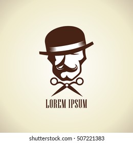 Barber logo concept with scissors and hipster man dressed in bowler hat with a mustache