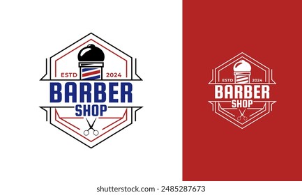 Barber logo design. Barbershop symbol with barber pole and line shape concept. Men salon vector icon