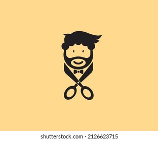 Barber logo illustration of a bearded male head character wearing a bow tie and scissors under the head brown background solid black logo color