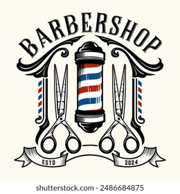 Barber logo. barber pole and scissors elements, as a sign of a barber shop, men's haircut salon. Vector illustration.