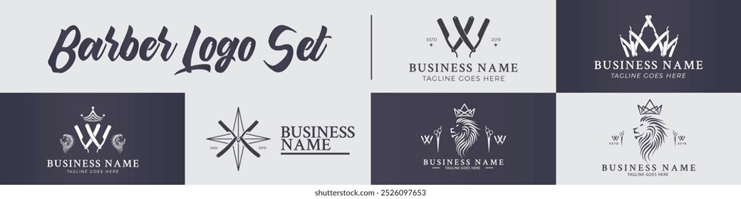 Barber Logo Template Set. Barbershop Bundle. Incorporated razor blade, scissors, and lion icon. For your Bussines