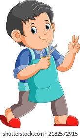 The barber man with the apron is holding the scissor for cutting the hair of illustration