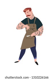 Barber. Man in apron with scissors and open razor. Cool hairdresser with moustaches and tattoos, in jeans and tshirt. Modern worker.  Character vector illustration in flat style.