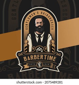 barber man character mascot logo design with classic style badge for hair cut business logo