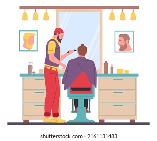 Barber with man client. Hairdresser give haircuts. Stylist shampooing and cutting. Workplace interior. Haircutter doing styling and trimming to customer. Vector