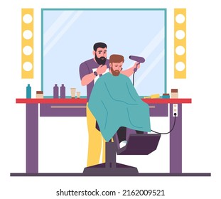 Barber with man client. Hairdresser giving haircut. Stylist shampooing and trimming hair to customer. Hairdo styling with dryer. Workplace interior. Vector professional