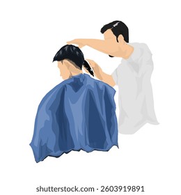 barber man cutting boy's hair legs without background