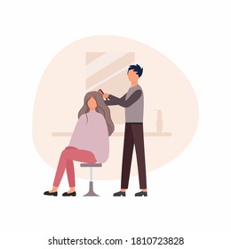 Barber a man does a girl's hair in a Barber shop next to the mirror. Concept of services of a hair salon, beauty salon, beauty Studio. Beauty and hair care, haircut. Vector flat cartoon illustration.