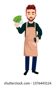 Barber man in hipster style holding money. Handsome cartoon character. Beard shave service. Vector illustration isolated on white background