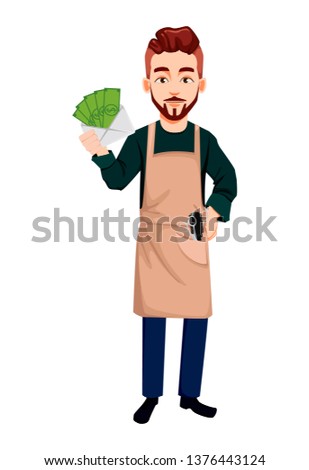Barber man in hipster style holding money. Handsome cartoon character. Beard shave service. Vector illustration isolated on white background