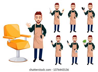 Barber man in hipster style, set of seven poses. Handsome cartoon character. Beard shave service. Vector illustration isolated on white background