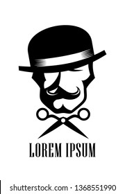 Barber man logo design concept, scissors and hipster man dressed in bowler hat with a mustache sign