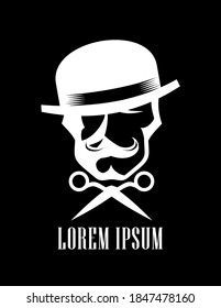 Barber man logo design, scissors and hipster man dressed in bowler hat with a mustache sign