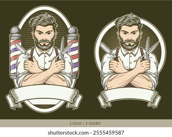 Barber man mascot logo holding scissors and razor with pole. Barbershop cartoon vector vintage retro illustration