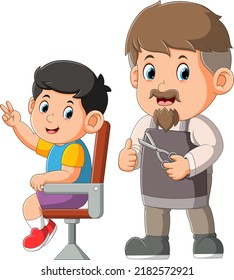 El barbero con bigote está listo para cortar el pelo de un niño mientras se sienta de ilustración