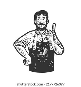 Barber man with straight razor sketch engraving vector illustration. T-shirt apparel print design. Scratch board imitation. Black and white hand drawn image.