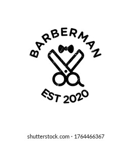 Barber man vintage logo, scissor illustration, pruning design, hairdressing sign.