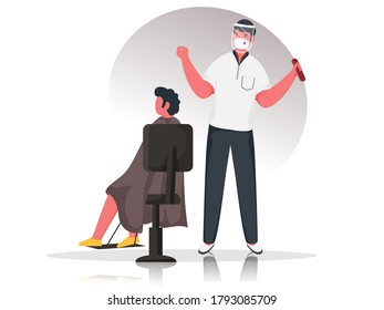 Barber man wearing protective mask with face shield and client sitting at chair for Avoid Coronavirus.