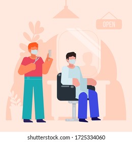 Barber in mask standing near a client sitting in chair. Barbershop is open during pandemic. Minimal design vector illustration