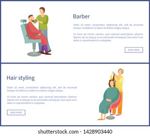 Barber for men beards, male specializing trimming hair on face. Service for people to change haircut. Posters set with text sample and experts vector