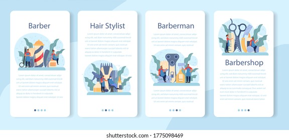 Barber mobile application banner set. Idea of hair and beard care. Scissors and brush, shampoo and haircut process. Hair treatment and styling. Isolated flat illustration