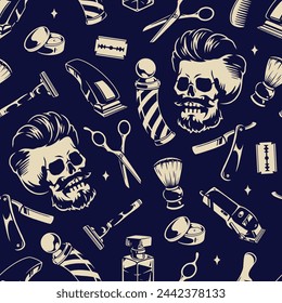Barber monochrome vintage pattern seamless with razors and scissors near perfume and skull with stylish hairstyle vector illustration
