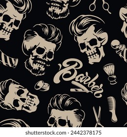 Barber monochrome vintage seamless pattern with skulls with cool hairstyle and beard near hair gel and shaving brushes vector illustration