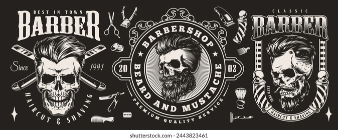 Barber monochrome vintage set stickers with skulls and clippers or blades for best beard grooming salons in town vector illustration