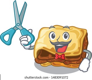 Barber moussaka with scissors and mustache  
