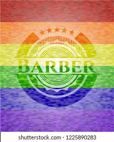 Barber on mosaic background with the colors of the LGBT flag