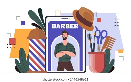 Barber online concept. Man with haircomb and moustaches. Scissors and hat . Hairdresser at workplace. Beauty, aesthetics and elegance. Cartoon flat vector illustration isolated on white background