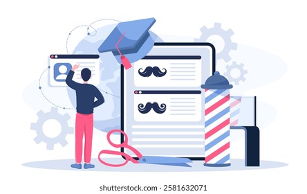 Barber online concept. Man with scissors near moustaches. Beauty and aesthetics. Hairdresser choosing beards. Barbershop on internet. Trendy facial hair style. Flat vector illustration