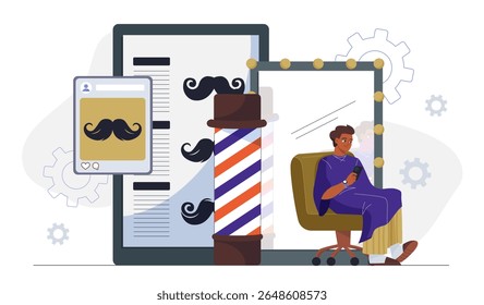 Barber online concept. Man sits in chair in front of mirror. Barbershop and hairdresser services. Aesthetics and elegance, beauty. Professional stylist. Flat vector illustration