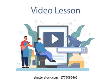Barber online service or platform. Idea of hair and beard care. Scissors and brush, shampoo and haircut process. Online lesson. Isolated flat illustration