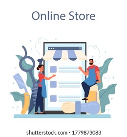 Barber online service or platform. Idea of hair and beard care. Scissors and brush, shampoo and haircut process. Online store. Isolated flat illustration