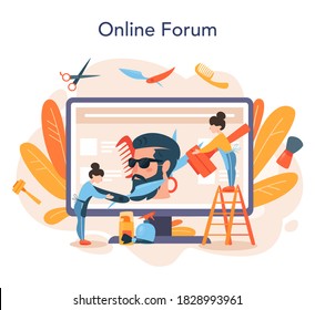 Barber online service or platform. Idea of hair and beard care. Scissors and brush, shampoo and haircut process. Online forum. Isolated flat illustration