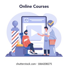 Barber online service or platform. Idea of hair and beard care. Scissors and brush, shampoo and haircut process. Online course. Isolated flat illustration