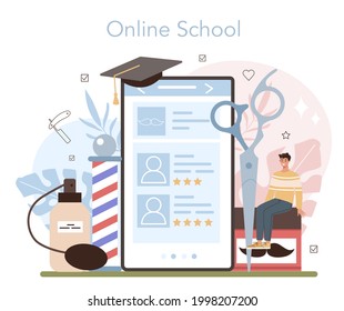 Barber online service or platform. Idea of hair and beard care. Men' hair treatment and styling. Online school. Isolated flat illustration